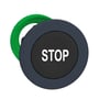 Detaljebillede af Schneider Electric Harmony XB5 flush trykknap, viser den sorte overflade og hvide "STOP" tekst tydeligt.
