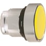Schneider Electric gul trykknap med krombelagt metal frontring, Ø 22 mm, vist fra siden på hvid baggrund.