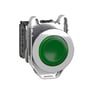 Schneider Electric Harmony XB4/ZB4 lampeknap set fra siden, viser metalramme, grøn trykflade og monteringsmoduler med mærkninger.