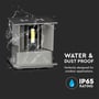 V-TAC LED væglampe med vand- og støvafvisende IP65-klassificering, illustreret med vandsprøjt og teksten 'WATER & DUST PROOF'.