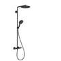 Hansgrohe Raindance Select S brusehovedsystem i mat sort med hovedbruser og håndbruser, monteret på en stang med termostat.