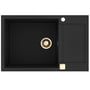 Lavabo Saturn 790 komposit køkkenvask i mat sort med en messingbundventil og et messingfarvet firkantet overløb.