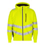 FE Engel sweatcardigan 8025 i gul/sort, klasse 2, vist forfra med reflekslynlås, brystlomme og reflekterende detaljer på ærmer og liv.