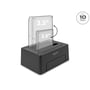 Illustration af DeLock USB Type-C docking station, der viser indsættelse af 3.5" og 2.5" SATA HDD/SSD, med 10 Gbps hastighedsindikator.