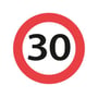 Cirkulært vejskilt med rød kant og sort tal '30' i midten, der indikerer hastighedsbegrænsning på 30 km/t.