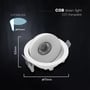 Målskitse af den hvide V-TAC COB LED-downlight med hulmål på 95 mm, bredde på 111 mm og dybde på 53 mm.
