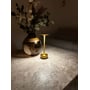 Elegant Skagen genopladelig LED lampe i guld lyser op på et marmorbord ved siden af en vase med blomster og grønne planter.