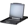Aten CL5708M-3Y rackmonterbar KVM-konsol med 17-tommers skærm, tastatur og touchpad trukket ud.