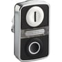 Schneider Electric dobbelt trykknap med sort bezel og krom kant viser hvid pil op og sort pil ned, Ø22 mm i diameter.