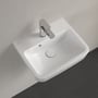 Villeroy & Boch O.novo 45 cm håndvask i hvidt porcelæn med moderne armatur monteret. Håndvasken er firkantet med rengøringsvenlig overflade og overløb.