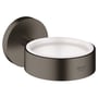 Grohe Essentials holder i børstet hard graphite til glas eller sæbe, med synligt Grohe logo.