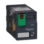 Schneider Electric Harmony RXM stikbensrelæ med 4 C/O kontakter, 6A mærkstrøm og 24 VAC spænding, vist på hvid baggrund.