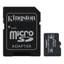 Kingston 8 GB microSDHC Industrial-kort og SD-adapter ses tæt på med deres sorte etiketter.
