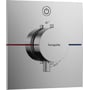 HANSGROHE ShowerSelect Comfort termostatbatteri i krom med firkantet design og 1 udtag, viser betjeningsplade og temperaturindikator.
