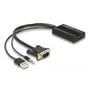 DeLock HDMI til VGA adapter med audio, sort, 25 cm kabellængde med USB strømstik og lydudgang.
