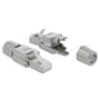 DeLock RJ45-stik til Cat.6 vist adskilt med stikdelene og den løse kabelaflastning ved siden af.