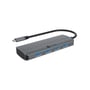 ICY Box 6-i-1-dockingstation i gråt med fire blå USB-A-porte og et fastmonteret USB-C-kabel.
