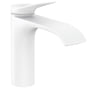 Hansgrohe Vivenis etgrebs håndvaskarmatur i mat hvid med et fremspring på 146 mm og vandfalds-udløb, monteret på en neutral baggrund.