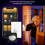 Viser kontrolmuligheder for Philips Hue Aurelle med Hue app på iPhone, smart tilbehør og stemmestyring.