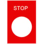 Close-up af Schneider Electric STOP skilt, 30x40mm, med synlig rød baggrund og hvid STOP-tekst.