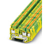 Phoenix Contact PT 2,5-TWIN-PE jordklemme med push-in tilslutning, 2,5mm² i grøn/gul farve med detaljeret synlig mekanisme.