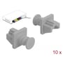To grå Delock RJ45 støvhætter, hvor den ene er monteret på en illustration af en enhed med RJ45 porte, mærket "10 x".