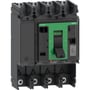 Schneider Electric ComPacT NSX630S 4-polet maksafbryder uden relæ, vist i skråt frontperspektiv med grønt håndtag i OFF position.