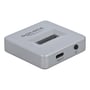Sølvfarvet Delock M.2 NVMe SSD dockingstation med synlig M.2-stik, USB-C port og strømknap.