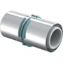 Uponor S-Press Plus muffe i PPSU til 63mm MLC-rør, vist med tydelige grønne preskapper og metaloverflade.