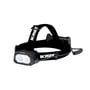 Ironside Twin Beam genopladelig pandelampe set tættere på fra siden med lampehoved, rem og bageste batteripakke.