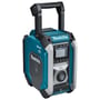 Makita akku arbejdsradio DMR110N med DAB+ viser et robust, turkisblåt design med sort håndtag og kontrolpanel.