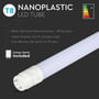 Infografik med V-Tac T8-Value90 LED-rør, nano-plastikbetegnelse og en illustration af en medfølgende dummy-starter.