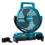 Makita akku ventilator DCF203Z i turkis og sort, med 235mm blæserdiameter og praktisk håndtag, inklusiv 230V adapter.