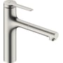 Hansgrohe Zesis M33 køkkenarmatur i børstet rustfrit stål med ergonomisk håndtag og udtræksbruser. Høj model med L-tud, 163mm udløbshøjde.