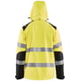 Blåkläder High Vis Softshell jakke i gul og sort, str. M, bagfra med fokus på hættejustering og synlige detaljer.