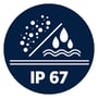 Illustrativ cirkel med hvid grafik der viser dråber og prikker samt IP 67 tekst, symboliserer vand- og støvtæthed.