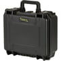 Lukket sort Raaco FlightCase værktøjskuffert i PP-plast med håndtag og to robuste låse. Måler 148x336x300mm.