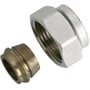 Danfoss klemringskoblingssæt med omløber til 18 mm rør og 1 tommes gevind, vist adskilt med klemring.