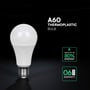 V-TAC A60 termoplastisk LED pære fremhævet med energibesparelse og 6 års garanti-ikoner.