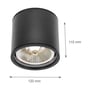 Målskitse af den sorte SpectrumLED AR111-loftlampe med bredde på 120 mm og højde på 115 mm.