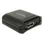 Sort DeLock DisplayPort 1.2-repeater til 4K ved 60 Hz set fra den anden side med indgang og strømstik synlige.