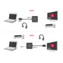 Illustration viser Delock HDMI-lydudtrækkeren mellem en computer, skærm, hovedtelefoner og receiver.