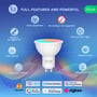 Nous P8Z GU10-smartpære vises i en grafik med Zigbee 3.0, farvestyring, fjernbetjening og stemmestyring.
