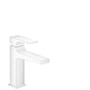 Venstre set profil af Hansgrohe Metropol 110 håndvaskarmatur i mat hvid, med tydelig markering af det enkelte greb og vandtudens form.