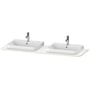 Produktbillede af Duravit D.2 Plus bordplade med to integrerede hvide porcelænsvaske og forkromede vandhaner på isoleret hvid baggrund.