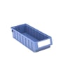 En blå Bito Lagerteknik RK reolkasse med dimensionerne 500x156x90 mm, set let skråt fra oven med fokus på dens indre rum og ribbede sider.