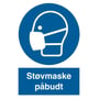 Detalje af påbudsskiltet 'Støvmaske påbudt' viser symbol og tekst tydeligt på en hvid baggrund.