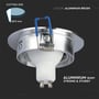 Målskitse af V-TAC downlight-kit med GU10-fatning, der viser hulmål på 75 mm og overflade i børstet aluminium.