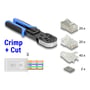 Delock RJ45 Crimp+Cut-værktøjssæt med værktøj, stik og tilbehør samt en tegning af afskæring ved crimpning.