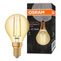 Osram 1906 Vintage mini ball LED pære med E14 fatning ved siden af sin guldfarvede emballage med produktinformation.